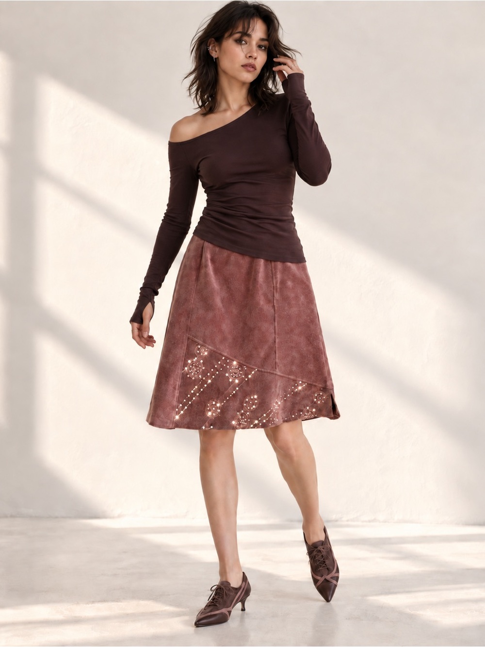Vintage Y2K A-line Skirt Fairy Micro Corduroy Embroidered Sequin Size 10